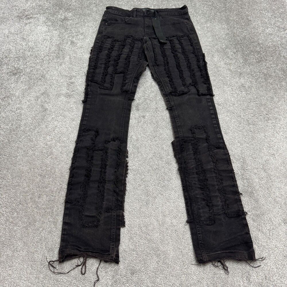KDNK Distressed Frayed Patchwork Skinny Denim Jeans Mens 30 Black Grunge Edgy